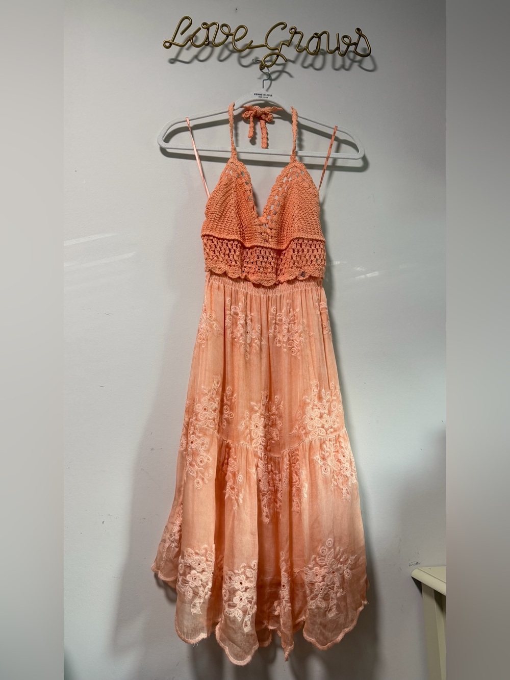 GUESS Tulia Dress Made in Italy Peach Creme Crochet Embroidered Midi NWT S